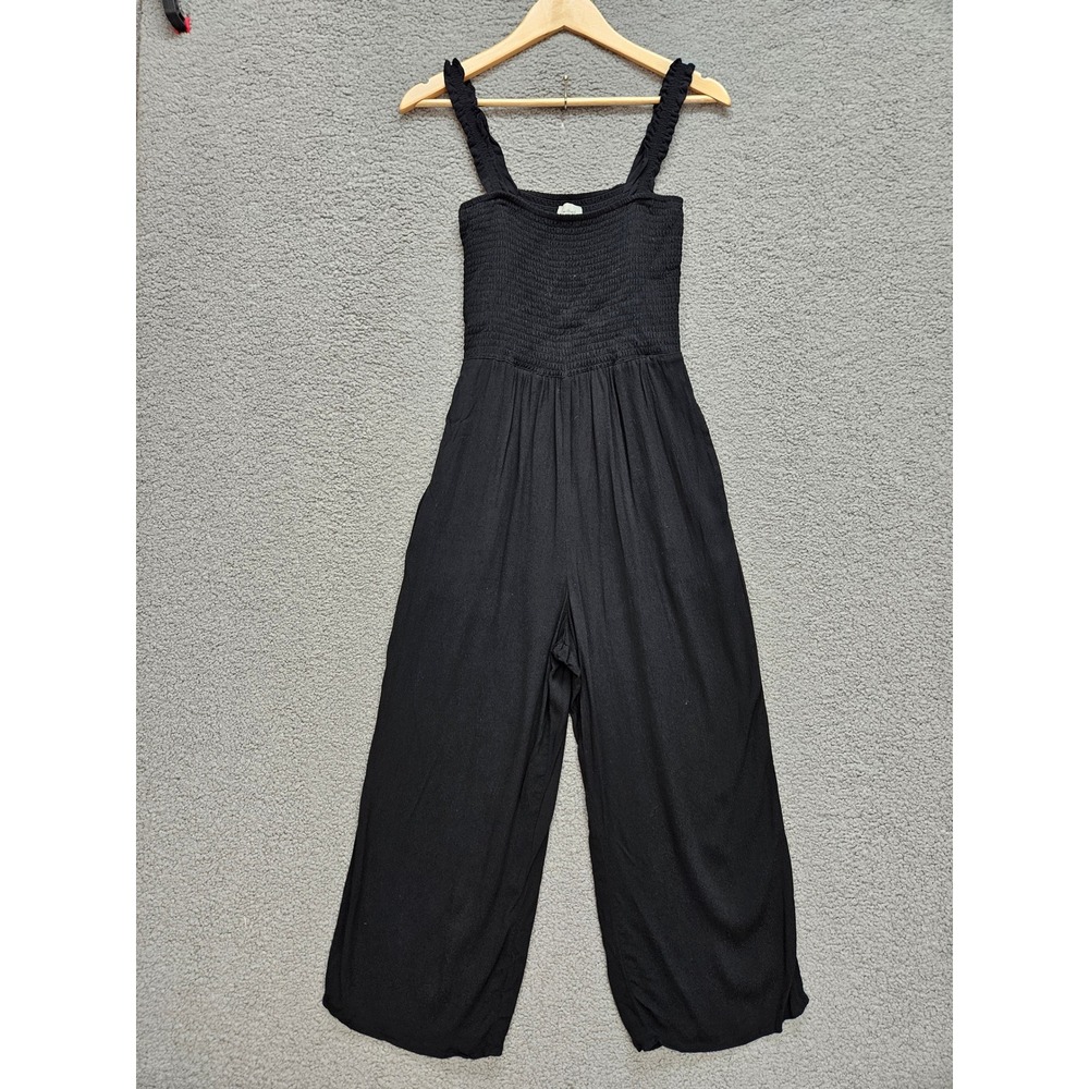 Wilfred Aritzia Chianti Jumpsuit M Black Smocked Wide Leg Ruffle Strap Summer